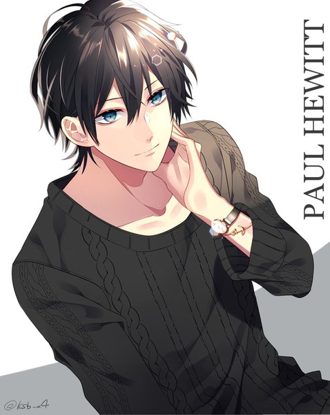 Anime picture 1630x2048 with black out paul hewitt ksb_x4 single tall image looking at viewer fringe short hair blue eyes black hair simple background hair between eyes white background signed light smile inscription character names twitter username boy sweater