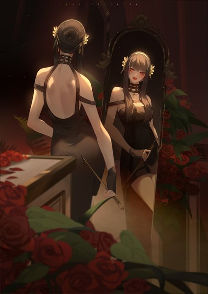 Anime picture 4000x5658 with spy x family yor briar zm-panda- single long hair tall image blush fringe highres black hair smile red eyes standing bare shoulders holding signed payot absurdres cleavage indoors