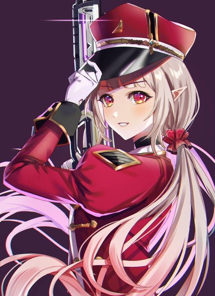 Anime picture 1045x1434 with virtual youtuber nijisanji elu (nijisanji) 8n0 g single long hair tall image looking at viewer simple background blonde hair smile red eyes twintails upper body pointy ears low twintails adjusting hat purple background girl gloves
