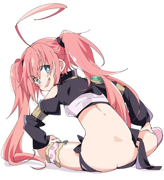 Anime picture 856x937 with tensei shitara slime datta ken 8bit milim nava ixy single long hair tall image looking at viewer blush fringe open mouth light erotic smile hair between eyes sitting twintails bare shoulders payot pink hair full body