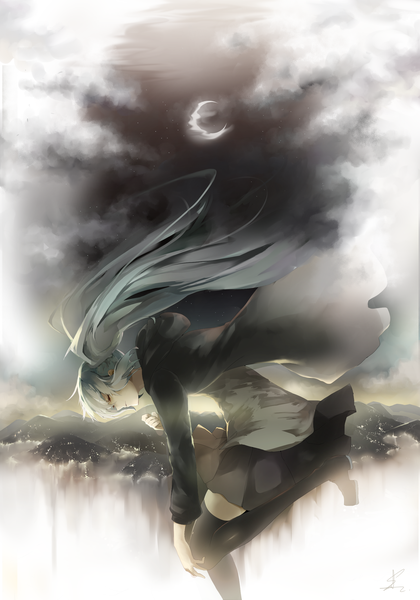 Anime picture 1816x2593 with vocaloid hatsune miku saihate (d3) single long hair tall image fringe highres hair between eyes twintails signed sky cloud (clouds) bent knee (knees) outdoors eyes closed profile aqua hair night alternate costume