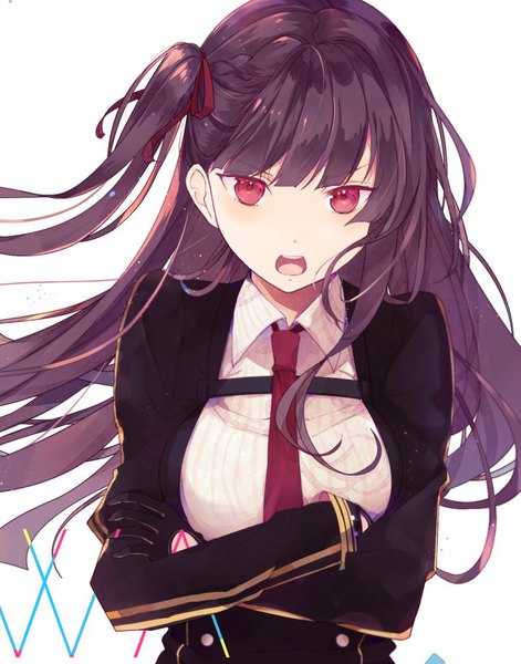 Anime-Bild 719x915 mit girls frontline wa2000 (girls frontline) yuizayomiya single long hair tall image looking at viewer blush fringe breasts simple background red eyes large breasts white background payot purple hair upper body blunt bangs :o one side up