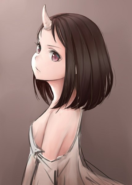 Anime picture 750x1050 with original sashimi (adam026) single tall image fringe short hair breasts light erotic simple background brown hair brown eyes looking away off shoulder girl