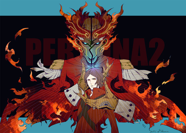 Anime picture 1260x900 with persona persona 2 suou tatsuya apollo (persona 2) memessa short hair brown hair brown eyes signed inscription multiple boys copyright name dated glow boy 2 boys mask flame claws