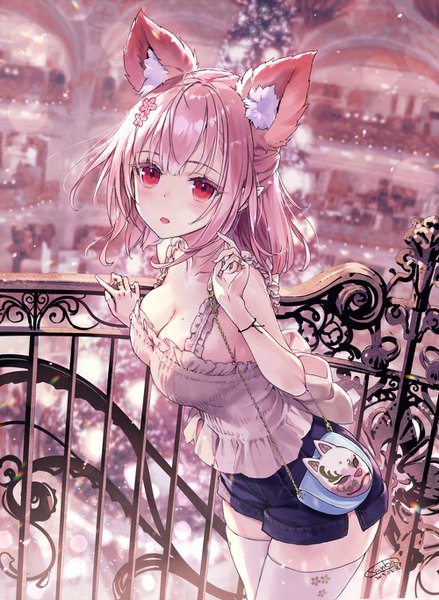 Anime picture 1000x1366 with original sanbasou single tall image looking at viewer blush fringe short hair breasts open mouth light erotic red eyes standing signed animal ears pink hair cleavage outdoors blunt bangs hair flower