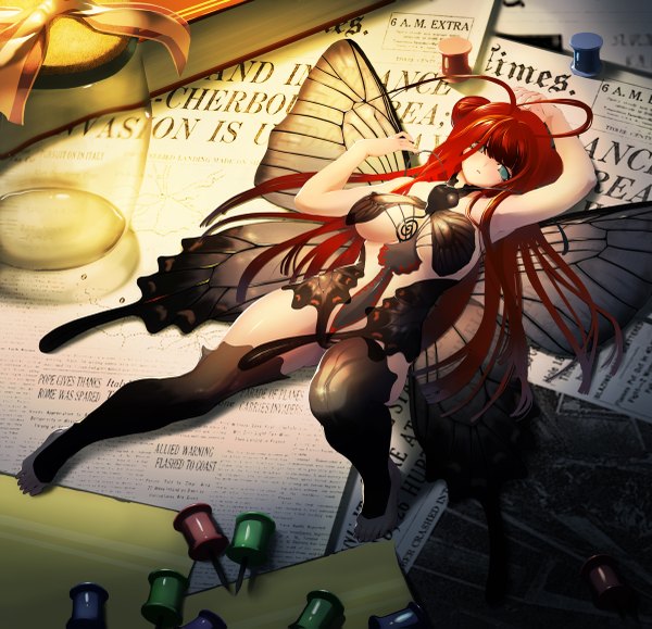 Anime picture 1200x1159 with original tsunekun long hair blue eyes light erotic ahoge red hair lying minigirl insect girl girl thighhighs wings newspaper