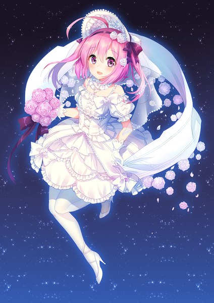 Anime picture 1000x1415 with azur lane saratoga (azur lane) silveroid single long hair tall image looking at viewer blush fringe open mouth hair between eyes twintails pink hair full body ahoge :d pink eyes high heels puffy sleeves frilled dress