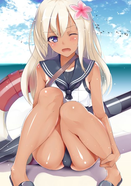 Anime picture 661x935 with kantai collection ro-500 submarine u-511 submarine henet hene long hair tall image blush fringe open mouth blue eyes light erotic sitting bare shoulders sky cloud (clouds) bent knee (knees) white hair eyes closed one eye closed hair flower