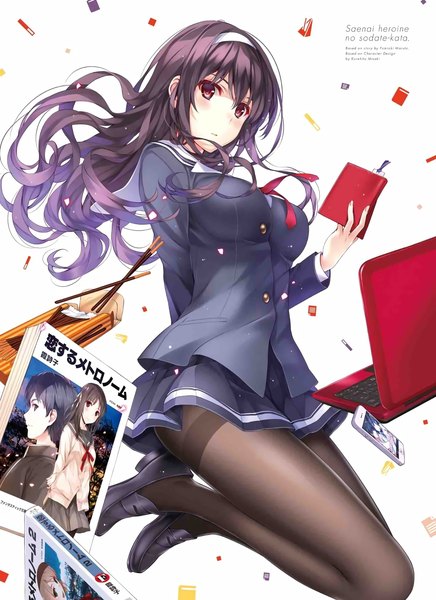 Anime picture 2182x3000 with saenai heroine no sodatekata a-1 pictures kasumigaoka utaha misaki kurehito single long hair tall image looking at viewer blush highres black hair red eyes scan official art girl skirt uniform school uniform pantyhose food