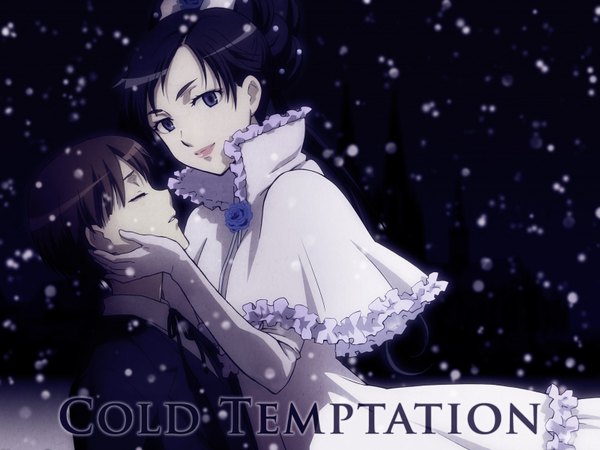 Anime picture 1600x1200 with blood+ production i.g diva (blood+) short hair blue eyes black hair eyes closed snowing winter girl dress boy hair ornament blue rose