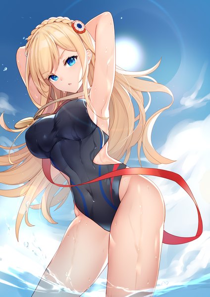 Anime picture 2894x4093 with warship girls r richelieu (warship girls r) bison cangshu single long hair tall image looking at viewer blush fringe highres breasts open mouth blue eyes light erotic blonde hair large breasts standing sky cloud (clouds) outdoors