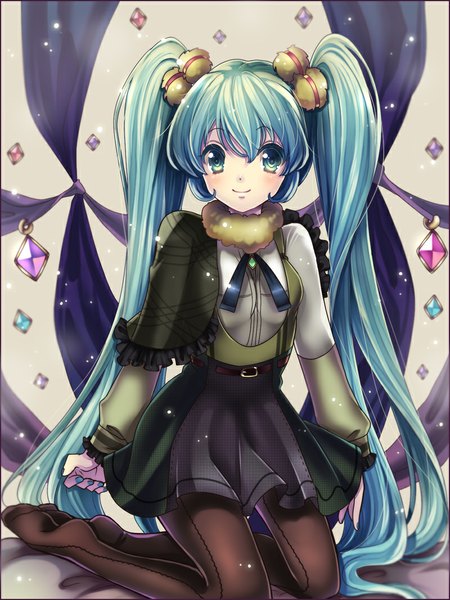 Anime picture 800x1067 with vocaloid hatsune miku ruchiru single tall image looking at viewer smile twintails very long hair aqua eyes aqua hair girl dress hair ornament pantyhose