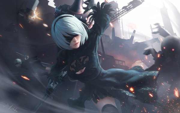 Anime picture 1920x1210 with nier nier:automata yorha no. 2 type b pod (nier:automata) yorha no. 9 type s sai foubalana fringe highres short hair breasts holding signed silver hair outdoors parted lips arm up lips blurry realistic mole
