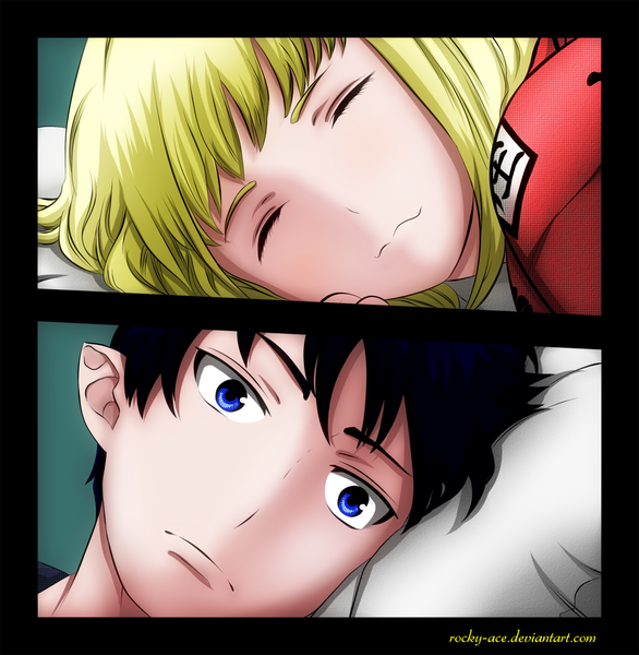 Anime picture 1500x1537 with ao no exorcist a-1 pictures okumura rin moriyama shiemi rocky-ace tall image short hair blue eyes blonde hair smile blue hair eyes closed pointy ears coloring close-up face multiview girl boy pillow
