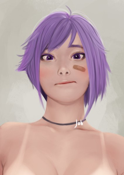 Anime picture 1920x2716 with original fore farlone (jubi) jubi (regiana) single tall image looking at viewer highres short hair breasts light erotic purple eyes signed purple hair realistic grey background from below portrait tan tan lines bandaid on face