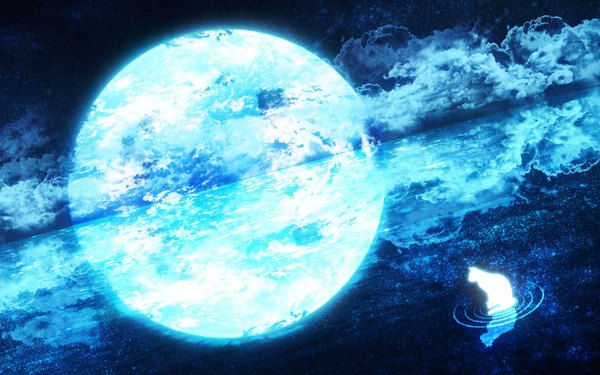 Anime picture 1400x875 with original urara256 cloud (clouds) reflection horizon no people glow animal water moon cat full moon
