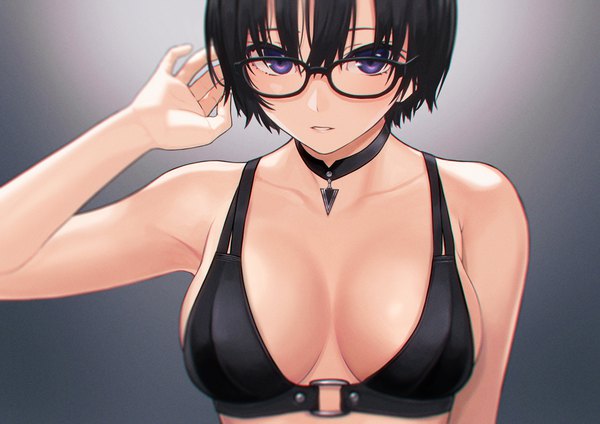 Anime picture 1100x778 with original deca purio single looking at viewer fringe short hair breasts light erotic black hair simple background hair between eyes purple eyes bare shoulders upper body parted lips arm up grey background gradient background sideboob girl