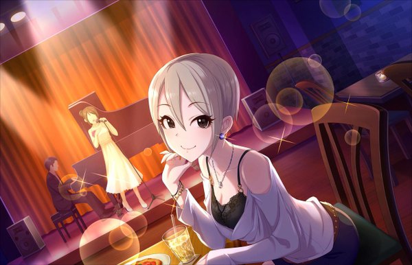 Anime picture 1280x824 with idolmaster idolmaster cinderella girls idolmaster cinderella girls starlight stage shiomi shuuko looking at viewer short hair light erotic smile sitting grey hair black eyes night scene's dawn breeze girl bracelet lingerie bra pendant