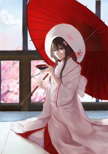 Anime picture 2480x3507 with kantai collection yamato super battleship tokikouhime single long hair tall image looking at viewer fringe highres hair between eyes brown hair sitting holding brown eyes payot traditional clothes japanese clothes hair flower wide sleeves girl