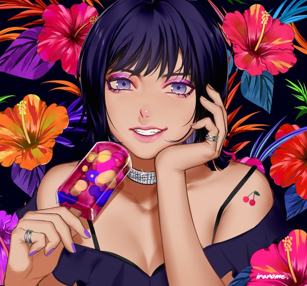 Anime picture 1500x1396 with original inanome me single looking at viewer short hair smile purple eyes signed cleavage purple hair upper body nail polish sparkle lipstick grin eyeshadow pink lipstick makeup chin rest purple nail polish