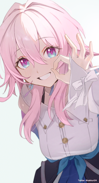Anime picture 957x1758 with honkai: star rail honkai (series) march 7th (honkai: star rail) zakkuri single long hair tall image looking at viewer fringe simple background smile hair between eyes white background signed pink hair upper body twitter username grin multicolored eyes ok sign