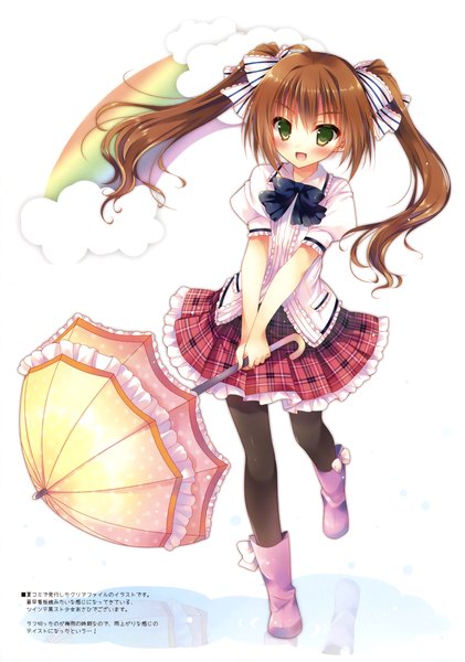 Anime picture 2458x3500 with hisama kumako single long hair tall image blush highres open mouth brown hair twintails green eyes scan official art girl skirt bow hair bow shirt umbrella