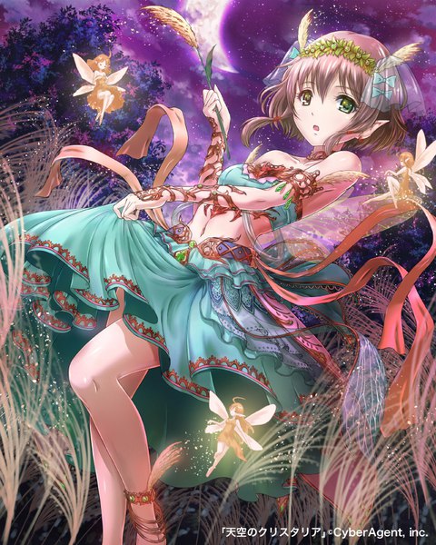 Anime picture 800x1000 with tenkuu no crystalia sakiyamama tall image looking at viewer blush fringe short hair open mouth hair between eyes brown hair standing bare shoulders multiple girls holding green eyes payot cloud (clouds) outdoors wind pointy ears