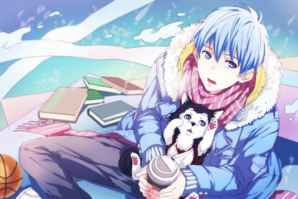 Anime picture 1000x667 with kuroko no basket production i.g kuroko tetsuya tetsuya no.2 saito yukihiro single short hair open mouth blue eyes sitting looking away from above aqua hair alternate costume exhalation boy animal jacket scarf book (books)