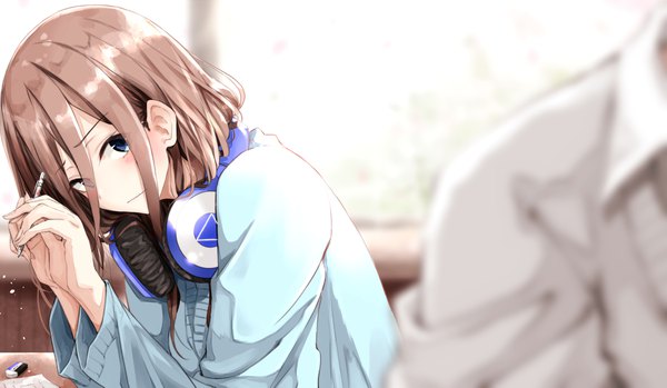Anime picture 2349x1367 with go-toubun no hanayome nakano miku uesugi fuutarou fuu (fuore) long hair looking at viewer blush highres blue eyes brown hair wide image sitting holding upper body indoors depth of field solo focus headphones around neck girl boy
