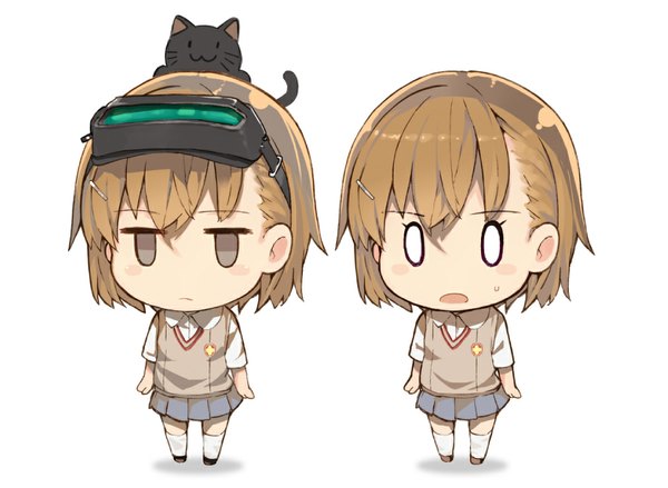 Anime picture 1011x740 with to aru kagaku no railgun to aru majutsu no index j.c. staff misaka mikoto misaka imouto misaka imouto 10032's cat shirabi blush short hair open mouth simple background brown hair white background multiple girls brown eyes sweat sweatdrop chibi :3 animal on head