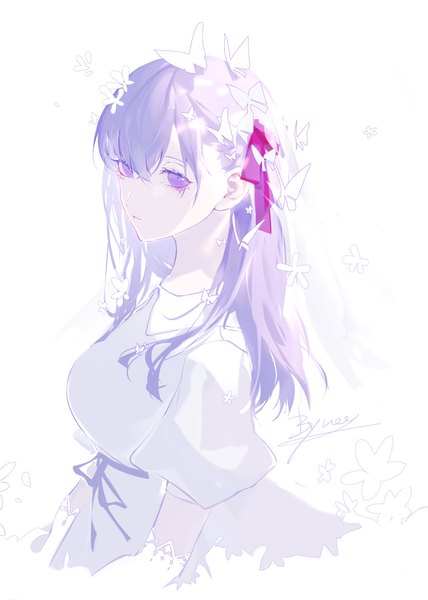 Anime picture 2690x3768 with fate (series) fate/stay night matou sakura byuey single long hair tall image fringe highres simple background hair between eyes white background purple eyes signed purple hair upper body expressionless girl ribbon (ribbons) hair ribbon