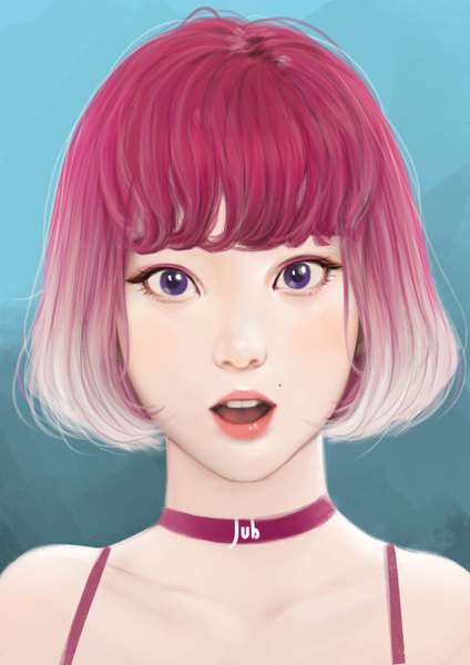 Anime picture 1920x2716 with original greyzie angel jubi (regiana) single tall image looking at viewer fringe highres short hair open mouth purple eyes bare shoulders signed pink hair blunt bangs realistic mole teeth portrait gradient hair