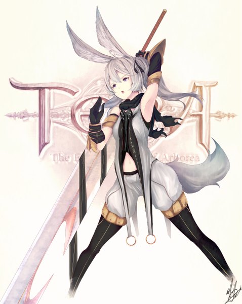 Anime picture 1051x1320 with tera online marumoru single long hair tall image open mouth white background animal ears looking away silver hair tail animal tail grey eyes girl gloves navel weapon sword elbow gloves