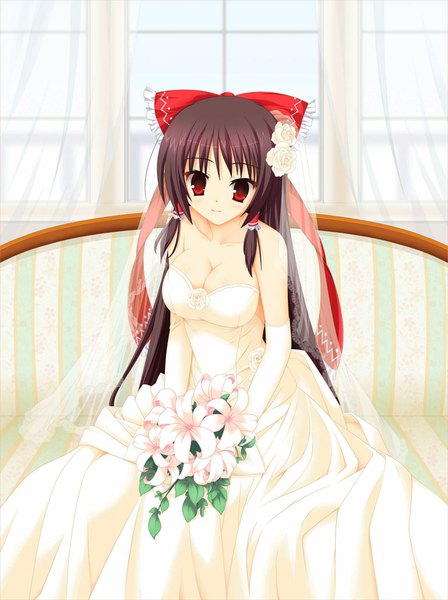 Anime picture 885x1183 with touhou hakurei reimu kom (1323736) single long hair tall image black hair red eyes bare shoulders hair flower light smile wedding girl dress gloves hair ornament flower (flowers) bow hair bow elbow gloves