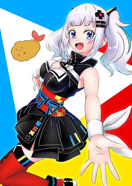 Anime picture 1240x1754 with virtual youtuber the moon studio kaguya luna zunco1779 single long hair tall image looking at viewer blush fringe breasts open mouth blue eyes light erotic simple background smile standing twintails payot cleavage