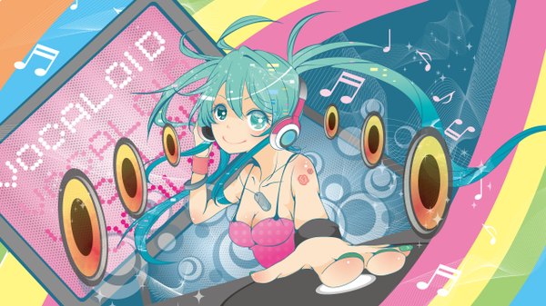 Anime picture 1280x720 with vocaloid hatsune miku youshiki (mokomokohituji) single long hair looking at viewer blush smile wide image twintails bare shoulders cleavage nail polish aqua eyes aqua hair girl headphones pendant musical note