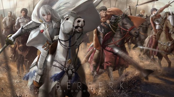 Anime picture 1500x841 with berserk guts griffith casca lightofheaven long hair fringe short hair blue eyes black hair hair between eyes wide image holding full body outdoors white hair wind realistic multiple boys depth of field