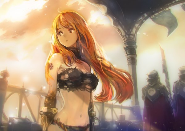 Anime picture 3508x2480 with original okuto long hair fringe highres breasts light erotic standing bare shoulders looking away absurdres sky cloud (clouds) upper body outdoors orange hair bare belly solo focus girl navel
