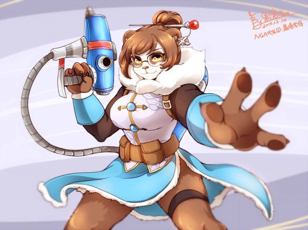 Anime picture 3685x2763 with overwatch world of warcraft blizzard entertainment mei (overwatch) pandaren heiyan long (warlocknyan) single looking at viewer fringe highres short hair breasts large breasts yellow eyes absurdres outstretched arm girl weapon glasses belt