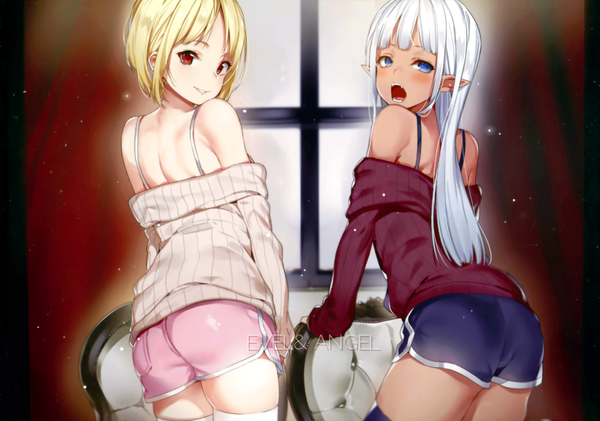 Anime-Bild 3000x2106 mit original yuran (cozyquilt) long hair looking at viewer blush fringe highres short hair open mouth blue eyes blonde hair smile red eyes standing bare shoulders multiple girls silver hair ass indoors parted lips