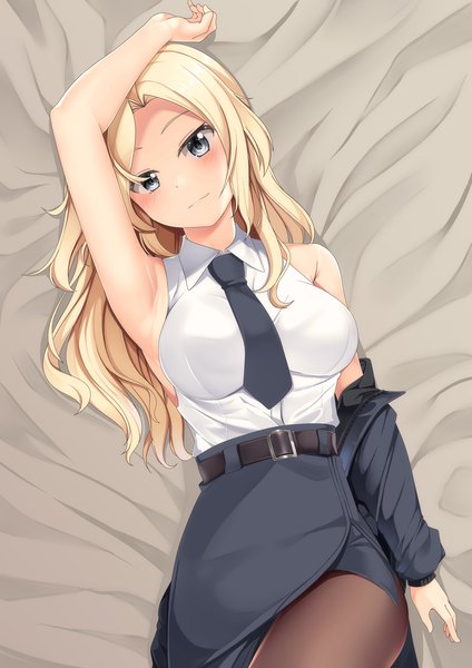 Anime picture 990x1400 with kantai collection hornet (kantai collection) yasume yukito single long hair tall image looking at viewer blush breasts payot lying head tilt arm up from above light smile off shoulder open jacket on back grey eyes sleeveless
