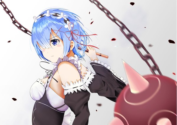 Anime picture 1417x1003 with re:zero kara hajimeru isekai seikatsu white fox rem (re:zero) sakura shibataro single blush fringe short hair open mouth blue eyes simple background bare shoulders holding looking away blurry hair over one eye aqua hair grey background wide sleeves maid