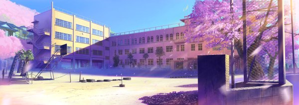 Anime picture 5490x1944 with original mir highres wide image absurdres cherry blossoms landscape scenic panorama building (buildings)