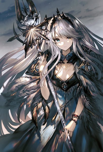 Anime picture 1000x1476 with original garuku single long hair tall image looking at viewer fringe blue eyes standing holding yellow eyes silver hair heterochromia girl dress bracelet feather (feathers) ring staff tiara