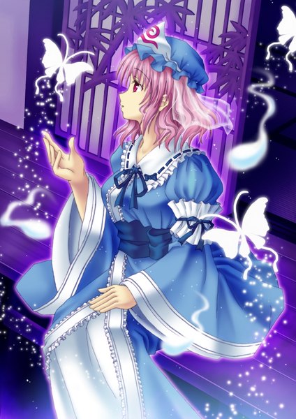 Anime picture 905x1280 with touhou saigyouji yuyuko amou yuu single tall image short hair sitting looking away pink hair profile pink eyes girl hat insect butterfly bonnet