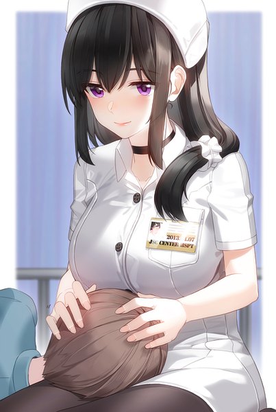 Anime picture 838x1248 with original kfr long hair tall image looking at viewer blush fringe short hair breasts black hair smile hair between eyes brown hair purple eyes payot short sleeves low ponytail nurse hand on another's head lap pillow