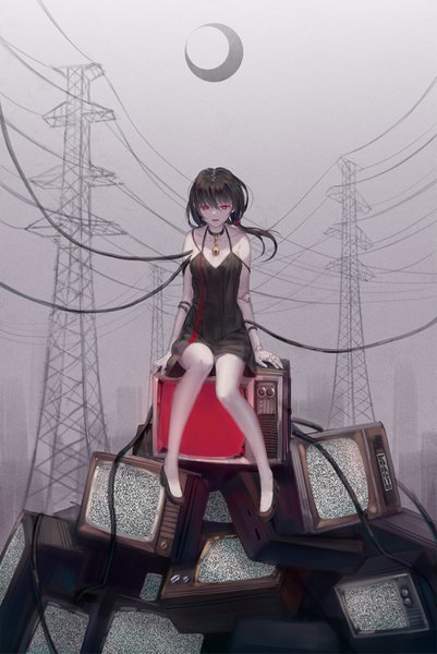 Anime picture 950x1421 with original ji dao ji single long hair tall image looking at viewer fringe black hair hair between eyes red eyes sitting bare shoulders sky full body bent knee (knees) outdoors arm support bare legs sleeveless low ponytail
