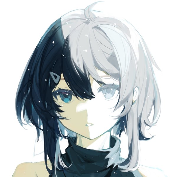 Anime picture 3000x3000 with arknights la pluma (arknights) fui (fui29493452) single fringe highres short hair black hair simple background hair between eyes white background ahoge parted lips aqua eyes portrait light girl hairclip