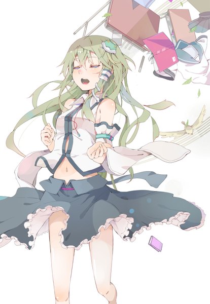 Anime picture 1200x1739 with touhou kochiya sanae evers (artist) single long hair tall image open mouth simple background white background eyes closed green hair girl skirt hair ornament detached sleeves animal bird (birds) book (books) hair tubes desk