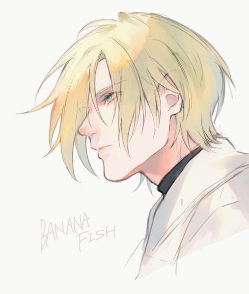 Anime picture 1731x2048 with banana fish mappa ash lynx yokuni (yokunill001121) single tall image fringe highres short hair blonde hair simple background white background green eyes profile hair over one eye copyright name portrait boy